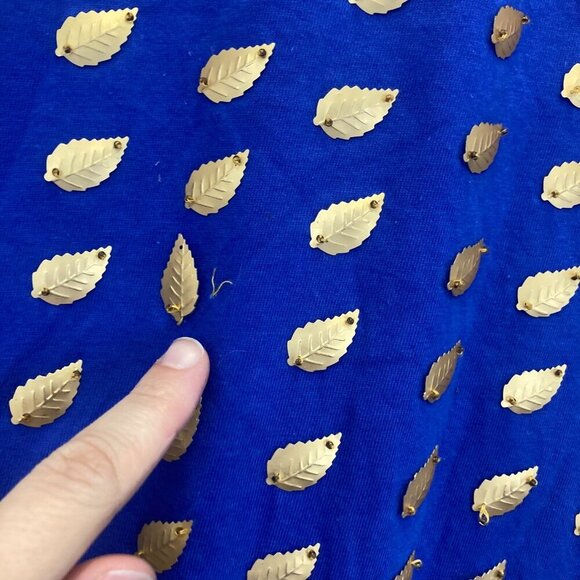 READ! Vintage Gene Ewing Bis Bis Gold Leaf Embellished Blue Knit Tee Top Small - Picture 10 of 16